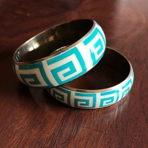 Aztec teal and brass bangles